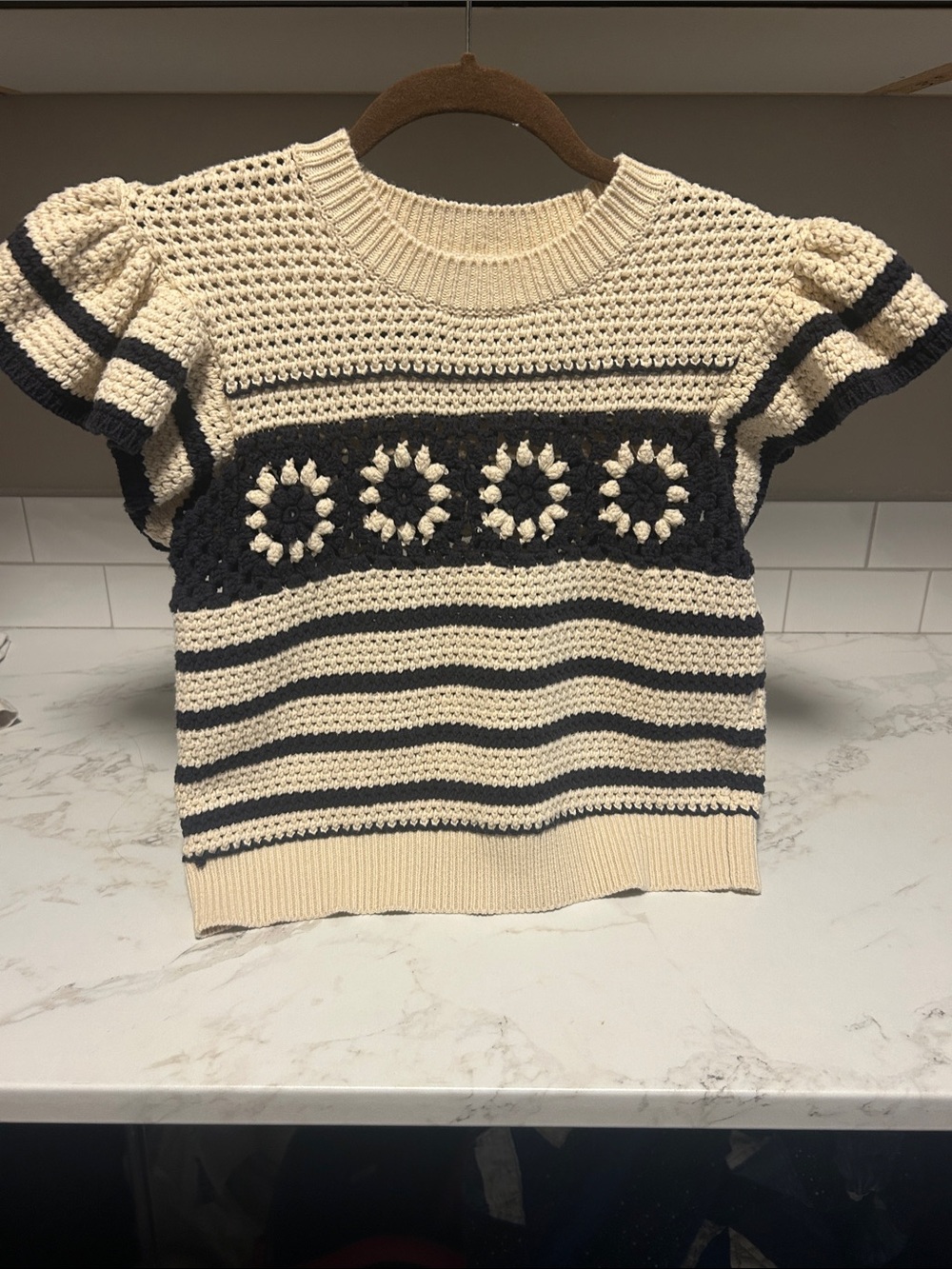 Rails Cream and Black Crochet Stripe Short-Sleeve Sweater